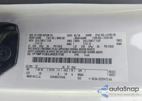 2018 Ford F-150 Xl z USA, uszkodzony, nr VIN 1FTMF1CB3JKE51738